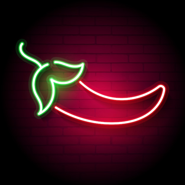 Neon chili pepper on a brick wall