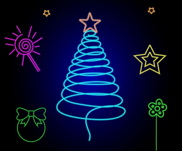 Neon Christmas tree with star glowing icon Neon New Year tree silhouette outline Christmas tree