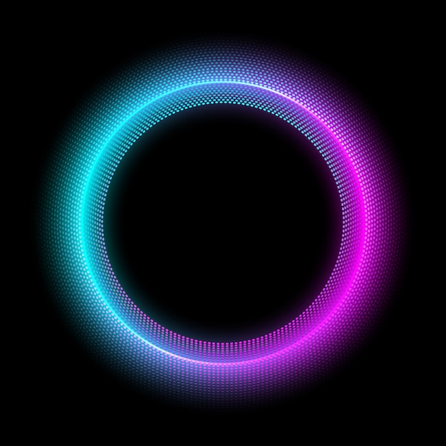 Neon circle with dots light effect. Modern round frame with empty space