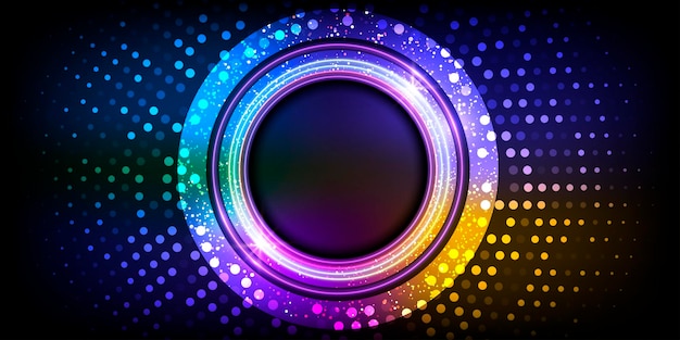 Neon circle with particles.Festive background with confetti.