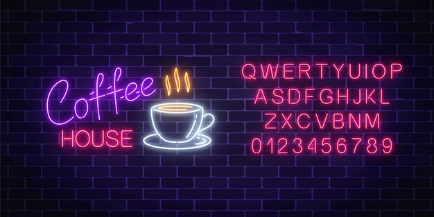 Vector neon coffee house signboard with alphabet on a dark brick wall