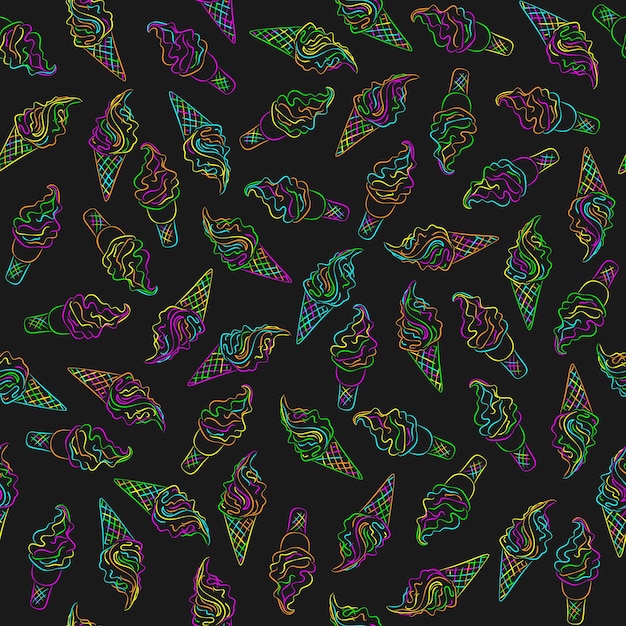 Neon colors vector ice cream on the black background seamless pattern. Sweet dessert for wrapper or textile surface.