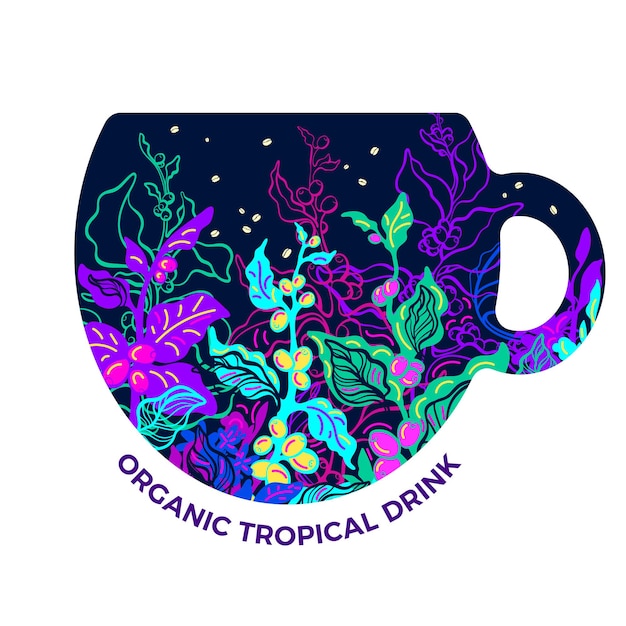 Neon cup Natural healthy tropical beverage Color exotic illustration Branch of coffee tree