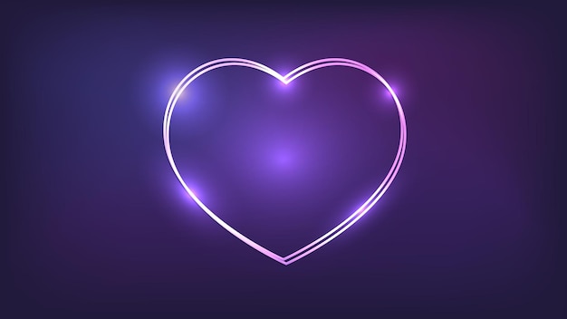 Neon double frame in heart form with shining effects on dark background. Empty glowing techno backdrop. Vector illustration.