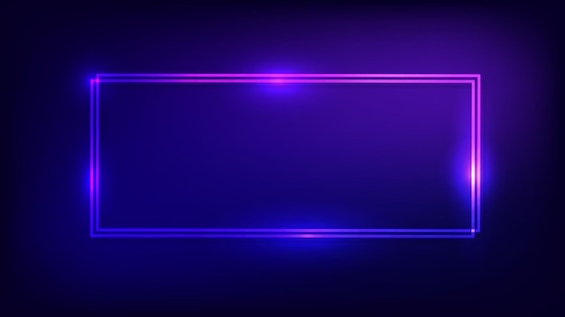 Neon double rectangular frame with shining effects on dark background