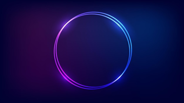 Neon double round frame with shining effects on dark background. Empty glowing techno backdrop. Vector illustration.