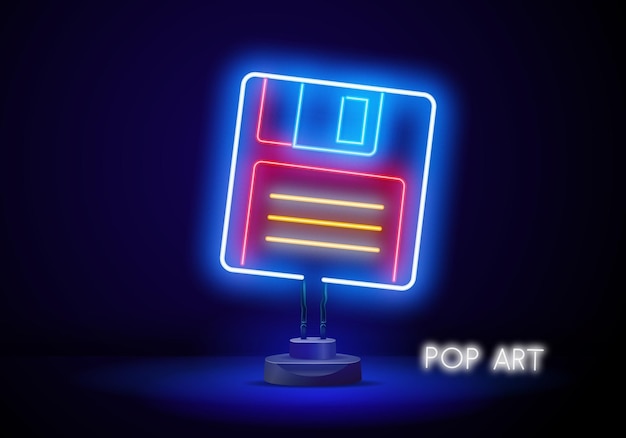 Neon floppy disk icon glowing neon diskette sign outline memory pictogram in vivid colors