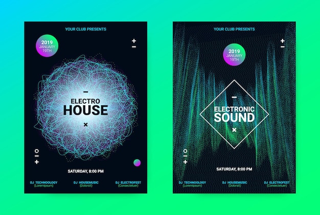 Neon flyers collection for electronic music festival invitation