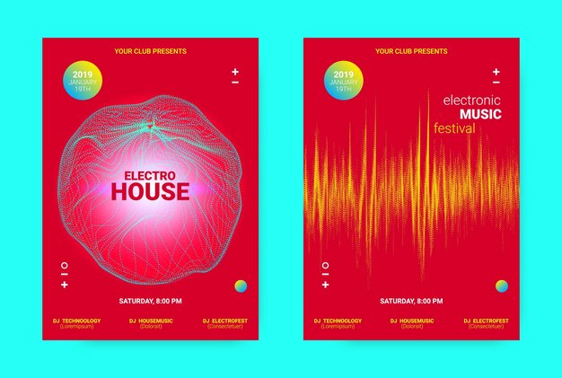 Neon flyers collection for electronic music festival invitation