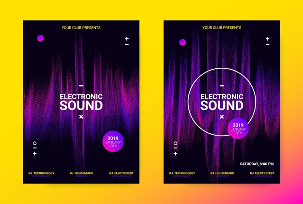 Neon flyers collection for electronic music festival invitation