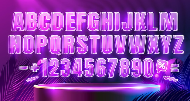 Neon font color purple glowing letter retro font futuristic alphabet Vector