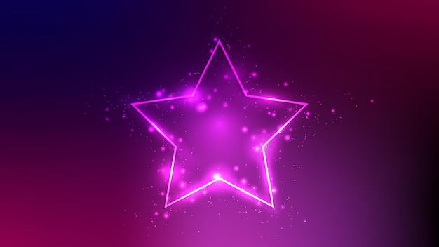 Neon frame in star form with shining effects and sparkles on dark purple background