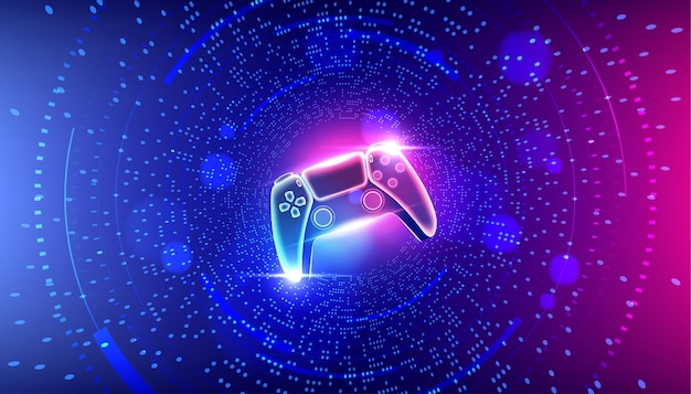 Neon game controller or joystick for game console in the center perspective cyber space background.