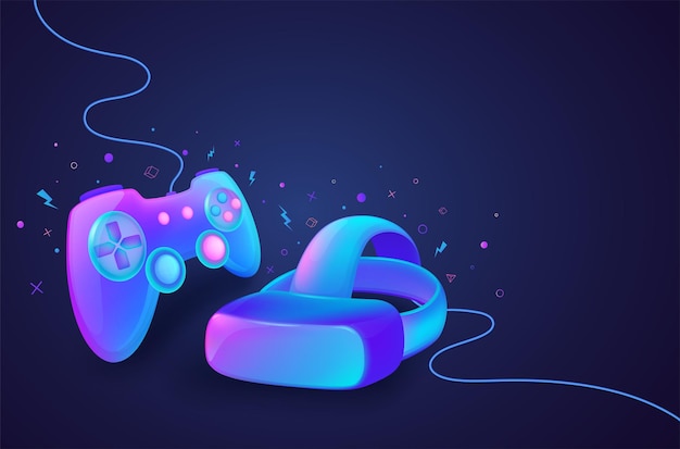 Neon game controller with virtual reality glasses to control computer and console games Futuristic technology game concept in cartoon style