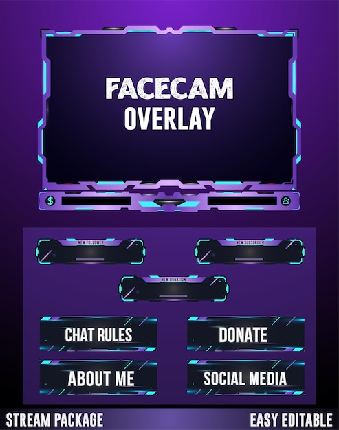 Neon gaming live stream facecam alert panel element design