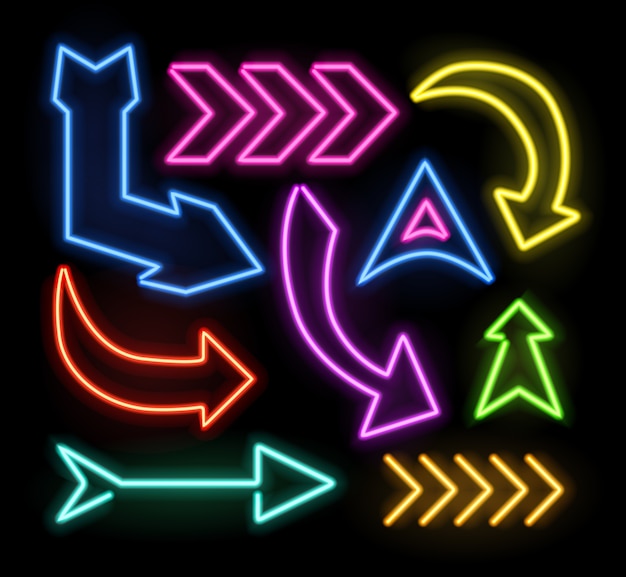 Neon glowing arrow pointer set  on dark background. Colorful and shining retro light sign collection. 