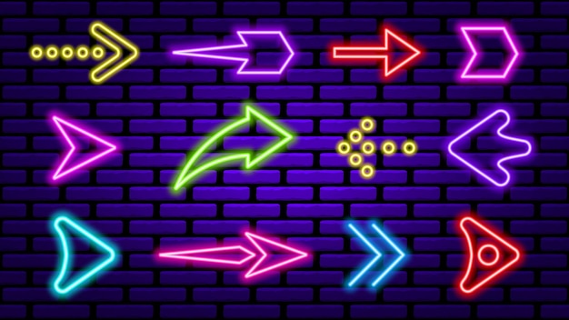 Neon glowing arrows on brick wall