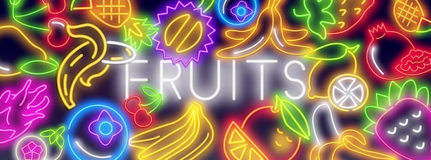 Neon glowing fruits one line collection ripe red pomegranate with slice of watermelon and sprig of c