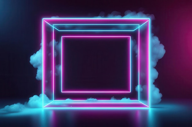 Vector neon glowing rectangular frame with smoke