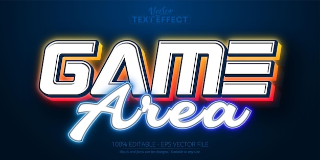 Neon glowing text effect, game area multicolor text style isolated on blue background