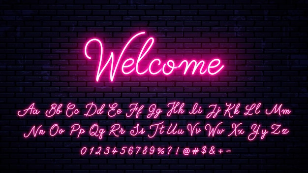 Neon handwritten English letters, numbers and symbols set. glowing alphabet with numbers and symbols.