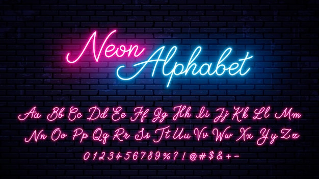 Neon handwritten English letters, numbers and symbols set. Vector glowing alphabet with numbers and symbols. Bright neon font.