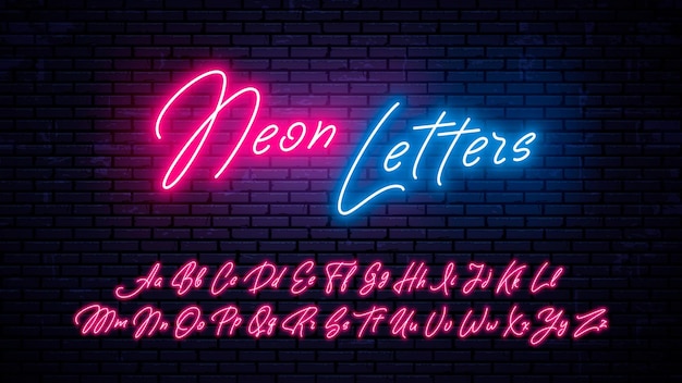 Neon handwritten letters Glowing red font isolated on wall background Modern vector neon letters set