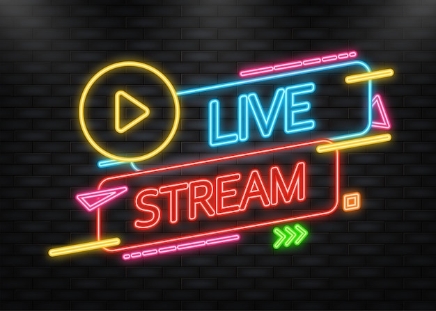 Vector neon icon live stream logo red vector design element with play button for news