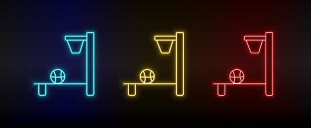 Neon icons Basketball arcade electronic Set of red blue yellow neon vector icon on darken background