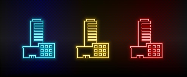 Neon icons Building airport Set of red blue yellow neon vector icon on dark background