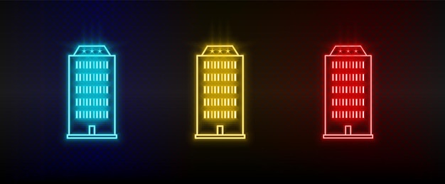 Neon icons Building hotel Set of red blue yellow neon vector icon on dark background