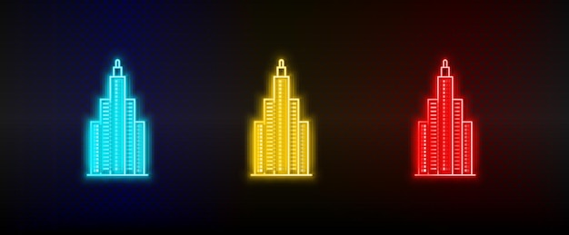 Neon icons Building Set of red blue yellow neon vector icon on dark background