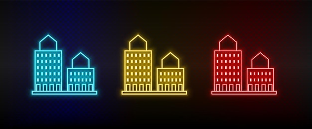 Neon icons Building Set of red blue yellow neon vector icon on dark background