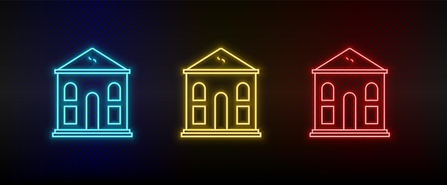 Neon icons Building Set of red blue yellow neon vector icon on dark background