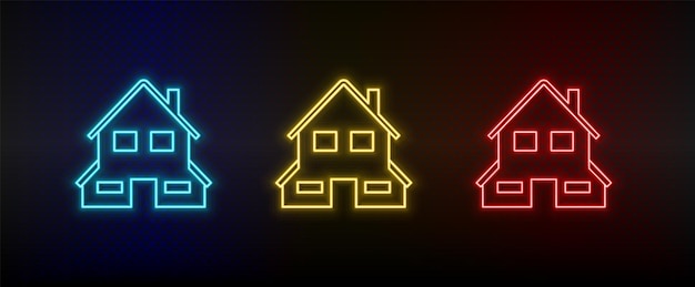 Neon icons Building shop Set of red blue yellow neon vector icon on dark background