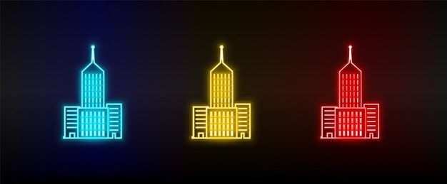 Neon icons Building tower Set of red blue yellow neon vector icon on dark background