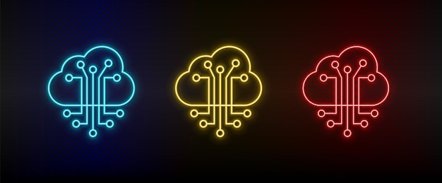 Neon icons cloud smart information network Set of red blue yellow neon vector icon on darken background