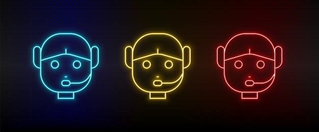 Neon icons customer service robot Set of red blue yellow neon vector icon on darken background