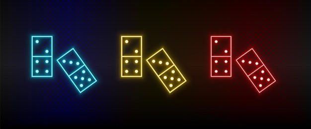 Neon icons Domino retro arcade Set of red blue yellow neon vector icon on darken background