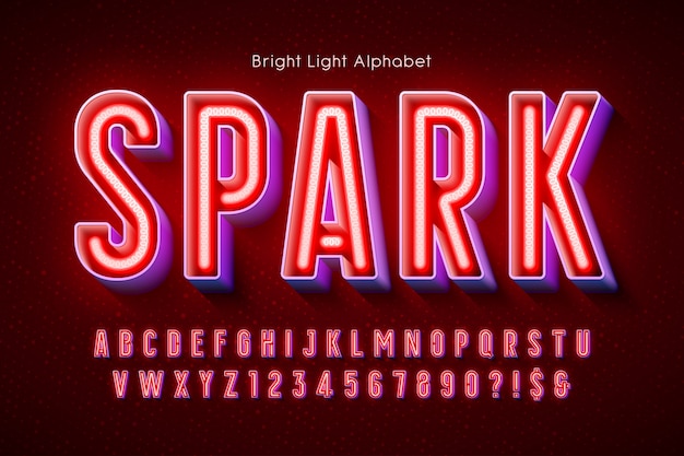 Neon light 3d alphabet, extra glowing modern type.