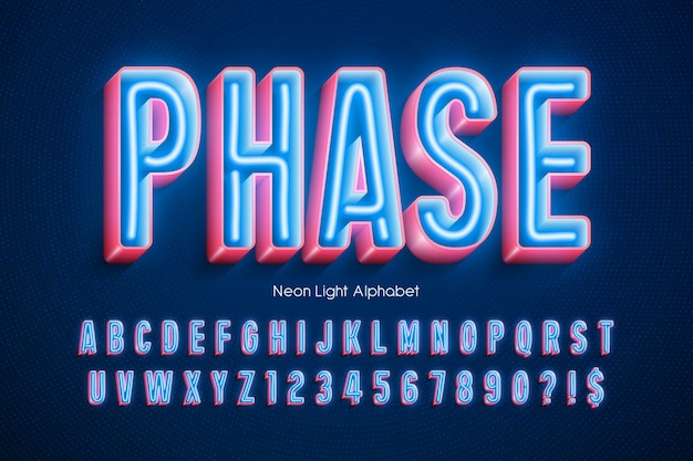 Neon light 3d alphabet retrofuturistic original type