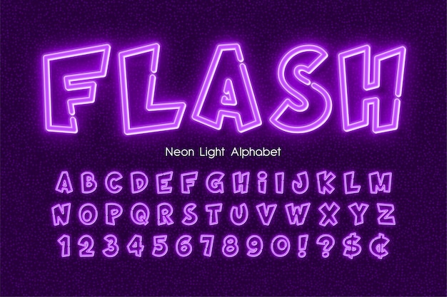 Neon light  alphabet, extra glowing comic style type.