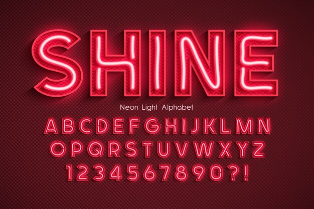 Neon light alphabet, extra glowing font.