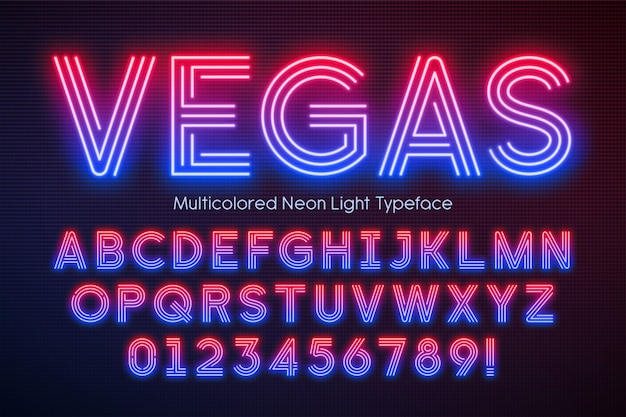 Neon light alphabet, multicolored extra glowing font