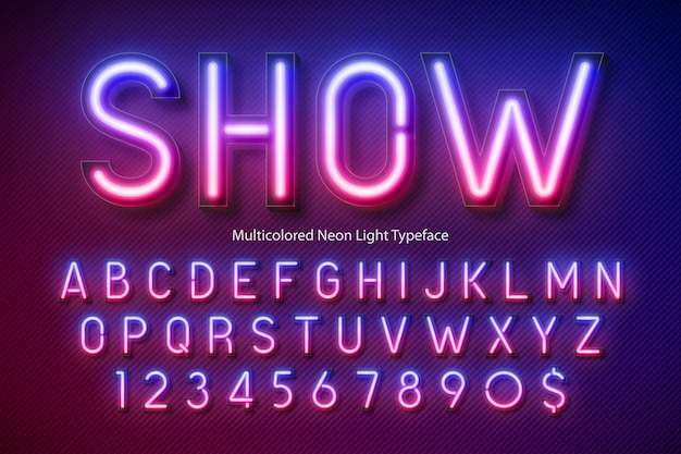 Neon light alphabet, multicolored extra glowing font