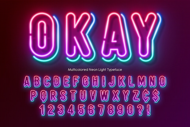 Neon light alphabet, multicolored extra glowing font.