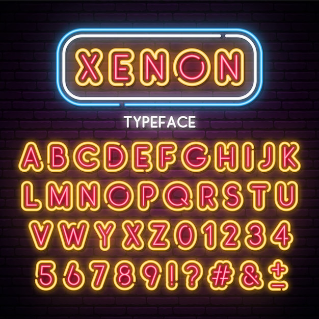 Neon light alphabet. Vector retro font.