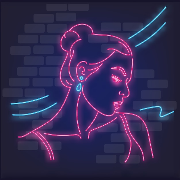 Neon light silhouette of girl. 