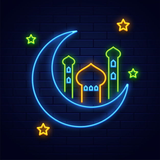 Neon lighting effect crescent moon with mosque and stars on blue