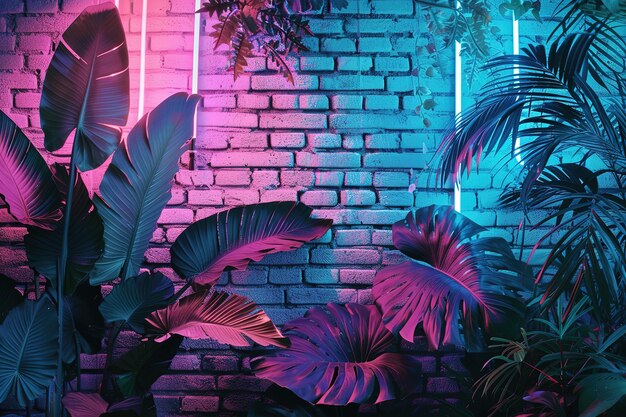 Vector neon lighting palms and abstract shapes composition 3d rendering